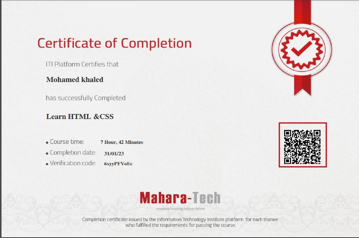 HTML&CSS Course Certificate From Mahara Tech